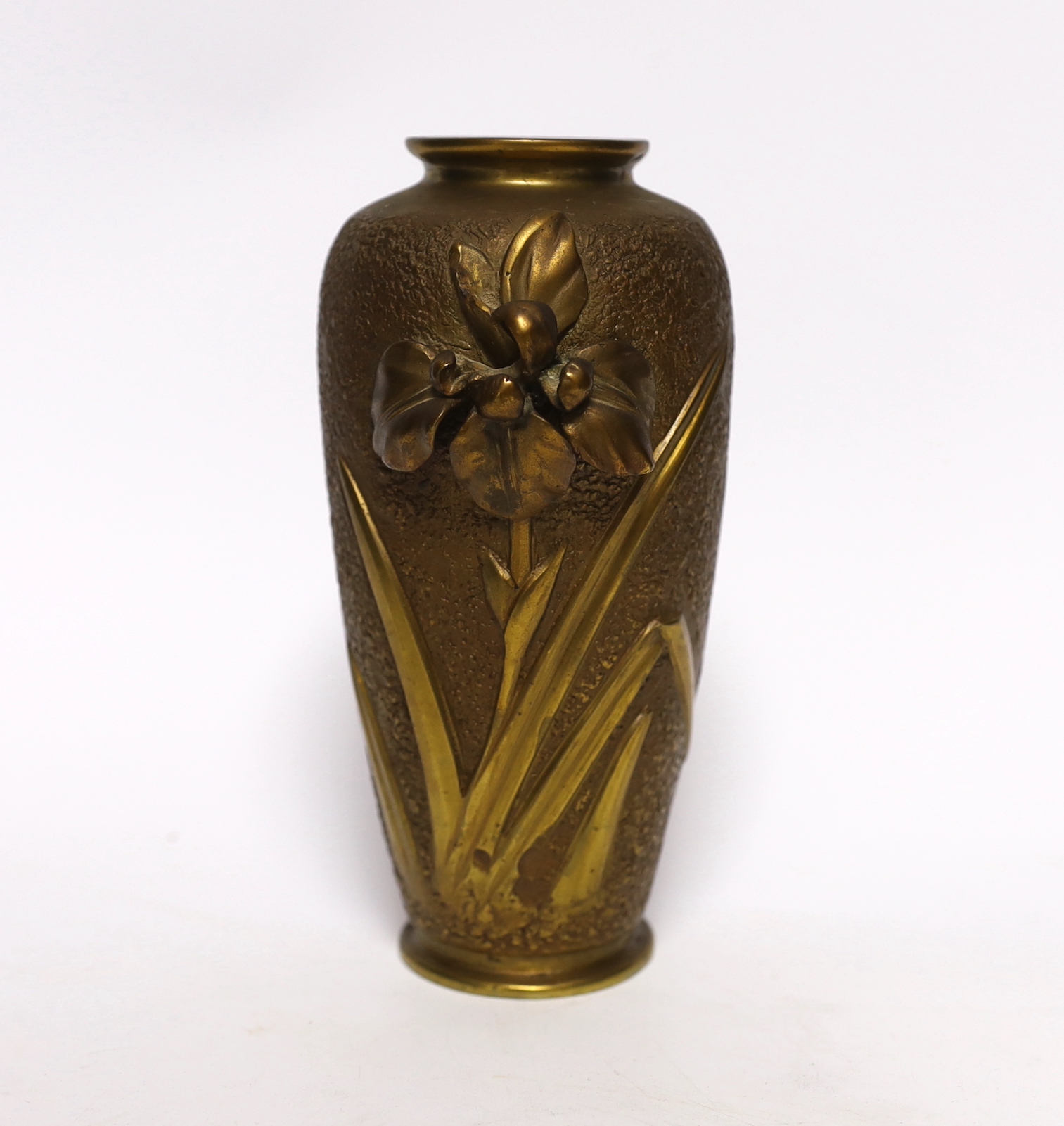 A Japanese bronze vase, with applied lily decoration, 17cm high